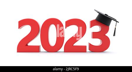 2023 Nouvelle année académique, remise des diplômes. Numéro d'année de couleur rouge et capuchon de gris isolé sur blanc. 3d rendu Banque D'Images