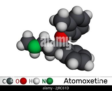 Molécule d'Atomoxétine. Il est utilisé dans la gestion du trouble d'hyperactivité avec déficit de l'attention TDAH. Modèle moléculaire. 3D rendu. Illustration Banque D'Images