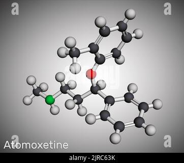 Molécule d'Atomoxétine. Il est utilisé dans la gestion du trouble d'hyperactivité avec déficit de l'attention TDAH. Modèle moléculaire. 3D rendu. Illustration Banque D'Images