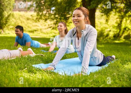 groupe de personnes faisant du yoga au parc d'été Banque D'Images