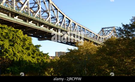 Section du célèbre pont Story Bridge de Brisbane, vu au-dessus des cimes sur un ciel bleu vif le matin Banque D'Images