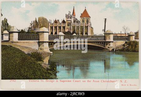 Pont Victoria Street et Cour suprême sur l'Avon, Christchurch, Nouvelle-Zélande, 1904-1915, Christchurch, Par Muir & Moodie. Banque D'Images