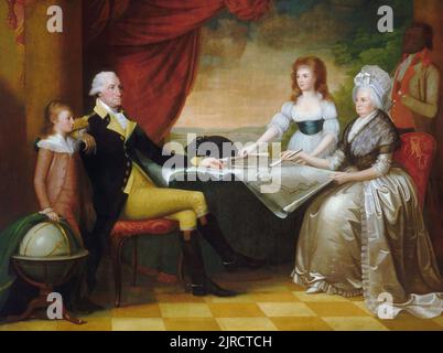 La famille de Washington par Edward Savage, peint entre 1789 et 1796, montre (de gauche à droite): George Washington Parke Custis, George Washington, Eleanor Parke Custis, Martha Washington, et un serviteur en esclavage: Probablement William Lee ou Christopher Sheels. Banque D'Images