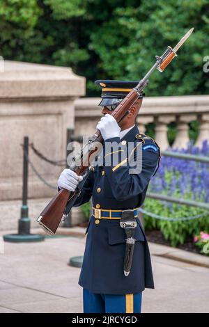 Une garde d'honneur présente des armes à la tombe du soldat inconnu dans le cimetière national d'Arlington, en Virginie. Banque D'Images