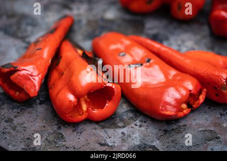 Torréfaction paprika pour les provisions d'hiver poivrons rouges organiques sur le four à être transformé en ajvar une savoureuse propagation populaire dans les Balkans Serbie Mace Banque D'Images