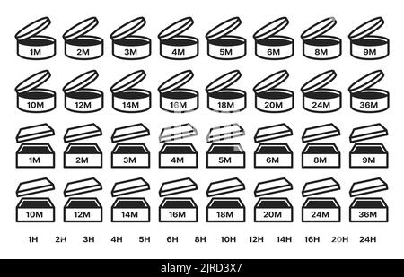 Icônes PAO. Période après ouverture, symboles de période d'expiration. Étiquettes ou pictogrammes vectoriels de durée de vie des cosmétiques ou des produits pharmaceutiques, meilleure utilisation avant la période du mois les bocaux ouverts et les panneaux de boîtes Illustration de Vecteur