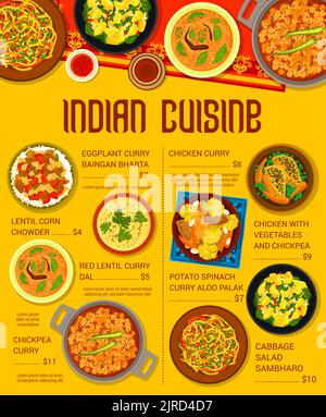 Modèle de page de menu de cuisine indienne. Curry de pois chiches, de poulet et d'Aloo Palak, salade de chou Sambharo, chaudrée de maïs et poulet aux légumes et aux pois chiches, cari de Dal et aubergine Baingan Bharta Illustration de Vecteur