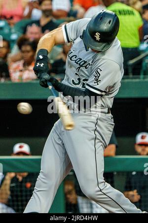 Baltimore, États-Unis. 23rd août 2022. BALTIMORE, MD - AOÛT 23 : le fianteur droit de Chicago White Sox Gavin Sheets (32) à la chauve-souris pendant un match de MLB entre les Orioles de Baltimore et le Sox blanc de Chicago, sur 23 août 2022, au parc Orioles à Camden yards, à Baltimore, Maryland. (Photo de Tony Quinn/SipaUSA) crédit: SIPA USA/Alay Live News Banque D'Images