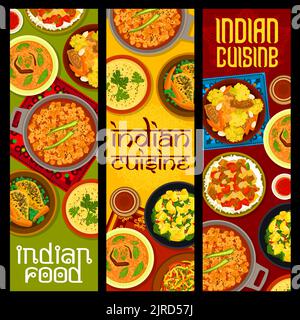 Banderoles pour plats de cuisine indienne. Bharta d'aubergines, curry de pois chiches et de Dal, poulet aux légumes et aux pois chiches, salade de chou Sambharo et curry d'épinards de pommes de terre Aloo Palak, chaudrée de maïs de lentilles Illustration de Vecteur