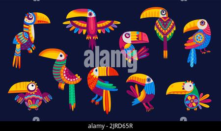 Caricature de toucans mexicains et brésiliens, personnages d'oiseaux drôles, vecteur isolé. Mexique ou Brésil oiseaux de toucan tropicaux avec ornement ethnique folk ou latin alebrije art coloré motif Illustration de Vecteur