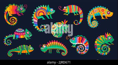 Caricature de caméléons mexicains avec ornement ethnique folk, reptiles vectoriels. Animaux de lézard tropicaux ou lézards de chameleon avec motif latin alevarje, personnages rigolos colorés Illustration de Vecteur