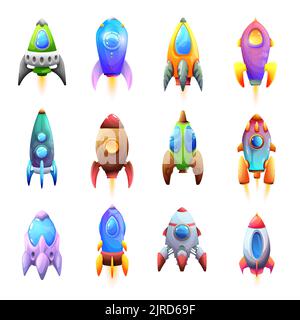 Des fusées de dessins animés et des icônes vectorielles de vaisseaux spatiaux. Les enfants lancent des roquettes ou des navettes spatiales au démarrage vers l'espace galactique avec illuminateurs, vol spatial et aventure spatiale cosmique Illustration de Vecteur