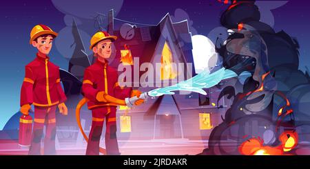 Une équipe de pompiers éteint le feu dans une maison en feu. Braves sauveteurs portant un uniforme et des casques tenant le tuyau d'eau luttant avec la flamme. Service d'urgence, profession dangereuse, illustration vectorielle de dessin animé Illustration de Vecteur