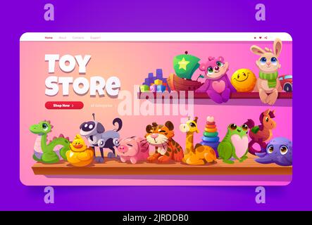 Page d'accueil de dessin animé de magasin de jouets avec jouets amusants pour enfants sur une étagère en bois dans la boutique ou la vitrine du marché, animaux en peluche, banque de piggy, balle souriante et chien robot pour les jeux et jeux pour enfants, bannière web Vector Illustration de Vecteur