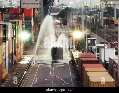 Mannheim, Allemagne. 24th août 2022. Les pompiers refroidissent un conteneur rempli de 200 barils d'hydrosulfite après un déversement de produits chimiques dans le port de Mühlauhafen. Du gaz liquéfié s'est échappé d'un conteneur maritime sur le site de l'usine mardi. Une réaction chimique s'est produite, produisant des irritants et des vapeurs toxiques. Depuis mardi après-midi, une opération à grande échelle est en cours, dans laquelle les pompiers de Mannheim sont soutenus par la police de l'eau, l'organisation de secours technique et d'autres. (Meilleure qualité possible) Credit: Dieter Leder/dpa/Alay Live News Banque D'Images