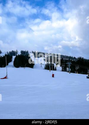 Skieurs ski alpin dans les montagnes de la station d'hiver. Vue aérienne du dessus du domaine skiable. Skieurs et snowboardeurs qui descendent la colline. Skieurs et remontées mécaniques dans la station de ski alpin des Carpates, majestueux paysage alpin d'hiver enneigé en Ukraine Banque D'Images