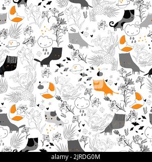 Motif sans couture avec cute Cats en fleurs sur fond blanc Illustration de Vecteur