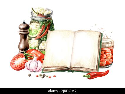 Modèle de concept de cookie. Livre de cuisine ouvert avec espace de copie et légumes en conserve faits maison Aquarelle dessin à la main, isolé sur fond blanc Banque D'Images