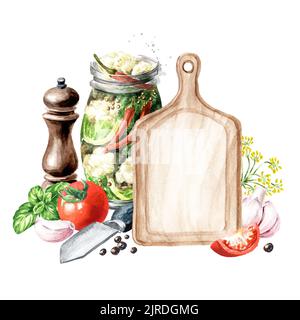 Modèle de concept de cookie. Planche à découper en bois avec espace de copie et légumes en conserve faits maison Aquarelle dessin à la main, isolé sur la ba blanche Banque D'Images