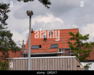 Sint Gillis Waas, Belgique, 15 août 2022, deux couvreurs ont posé le cadre en acier sur un nouveau toit pour les panneaux solaires Banque D'Images