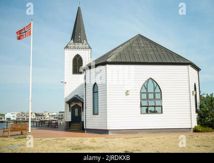 Cardiff, pays de Galles, 14 août 2022, église norvégienne dans le quai de la Sirène. Bâtiment historique en bois Banque D'Images