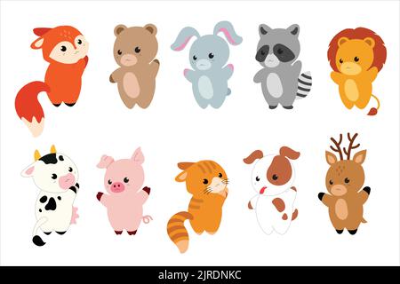 Personnages de dessin animé mignon animaux - ours, renard, raton laveur, chien, chat, vache, cerf, lapin, porc et lion. Illustration vectorielle. Ensemble vectoriel avec animaux à kawai Illustration de Vecteur