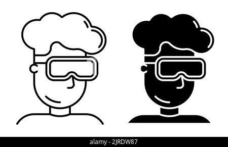 Linear Icon, garçon adolescent dans 3D lunettes de jeu. Lunettes de réalité virtuelle. Vecteur noir et blanc simple isolé sur fond blanc Illustration de Vecteur