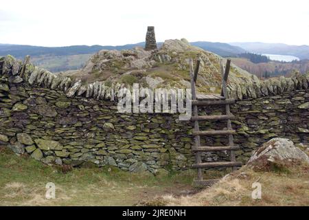 Trig point en pierre et échelle en bois carreau sur « Crag noir » le sommet du Wainwright « Black Fell » près de Tarn Hows, parc national du Lake District. ROYAUME-UNI. Banque D'Images