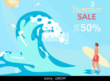 Une femme surfeuse fait le tour de la vague de précipitation barrée. Super Summer sale bannière colorée et lumineuse. Illustration Flat Art Banque D'Images