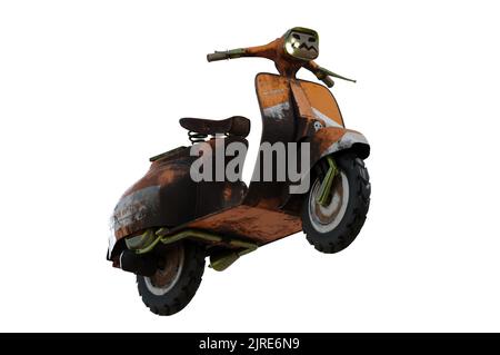 3D Illustration. 3D rendu , livraison d'Halloween sur un scooter sur FOND BLANC. BOÎTES DE pizza concept, design plat, vacances Banque D'Images