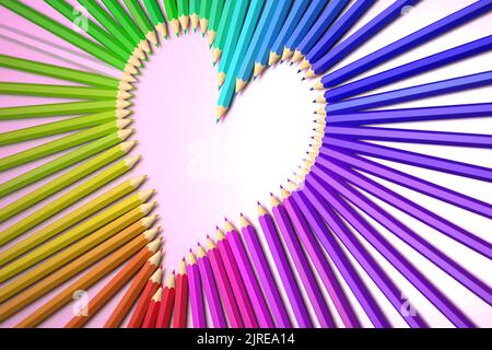 Crayons de couleur formés en forme de coeur sur fond blanc. 3d illustration du rendu Banque D'Images