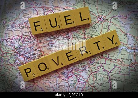 Carte montrant le nord-ouest de l'Angleterre, avec les mots Fuel Poverty orthographiés. Plus de la moitié des ménages britanniques à travers la Grande-Bretagne choisiront de manger ou de chauffer Banque D'Images