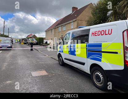 South Wales police et unités judiciaires sur les lieux où une femme de 71 ans a été assassinée à l'extérieur de son domicile à Tanycoed, Clydach, Swansea. Date de la photo: Mercredi 24 août 2022. Banque D'Images