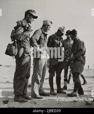 Une photo vintage vers 1942 montrant des soldats britanniques fouillant des prisonniers de guerre allemands de la division légère allemande 90th Afrika korps après avoir été capturé à El Alamein Egypte Banque D'Images