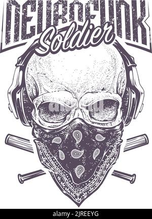 Illustration de vecteur de bandana de crâne, conception de crâne de soldat, crâne humain, crâne avec batte de baseball, Tattoo of Skull in Gangster Illustration de Vecteur