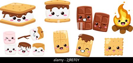 Un bouquet de jolis autocollants isolés sur fond blanc. Collations de camping. Illustration de Vecteur