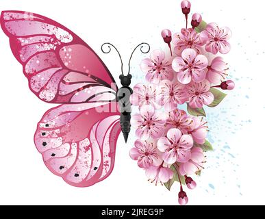 Un papillon rose avec des fleurs roses isolées sur fond blanc. Illustration de Vecteur