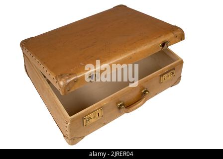 Valise vintage ouverte isolée sur découpe blanche Banque D'Images