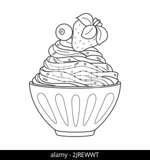 Déposez la crème glacée fouettée dans le bol. Dessert laitier froid aux fraises et aux bleuets. Mets sucrés de saison. Doodle noir et blanc dessiné à la main Vector Ill Illustration de Vecteur