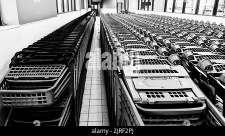 Une photo en niveaux de gris de chariots parfaitement alignés Banque D'Images