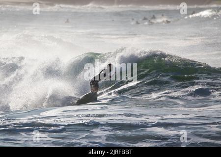 Un homme mince surfant sur les vagues mousseuse et haute barbotage dans la mer Banque D'Images