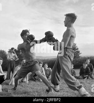 Les bénévoles des services d'Youtth T n'avoir un match de boxe à un camp agricole à Nunney prises dans le Somerset au cours de 1943. Henry Pribram (à gauche) et David Rice prendre part à un match de boxe dans le cadre de la soirée des activités au camp agricole pour les jeunes bénévoles de service à Nunney prises dans le Somerset. Henry a 16 ans, un réfugié de la Tchécoslovaquie et de l'étude à Beaumont College, et David a 18 ans et un mineur de Aberbargoed, Galles du Sud. Les autres garçons s'asseoir sur l'herbe autour d'eux pour regarder le match se dérouler. Banque D'Images