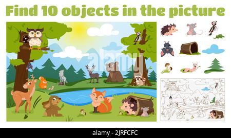 Recherchez 10 objets cachés dans l'image. Jeu de puzzle éducatif pour les enfants avec des animaux de la forêt de dessins animés dans la nature sauvage. Concept de page de recherche d'éléments et de livre de coloriage. Faune et oiseaux avec lac, arbres. Illustration de Vecteur