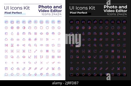 Photo et vidéo pixels Perfect gradient linéaire icônes de l'interface utilisateur définies pour le mode sombre, clair Illustration de Vecteur