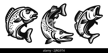 Ensemble de poissons. Symbole de pêche. Carpe, brochet, perch dessiné dans le style noir monochrome décoratif. Illustration vectorielle isolée Illustration de Vecteur