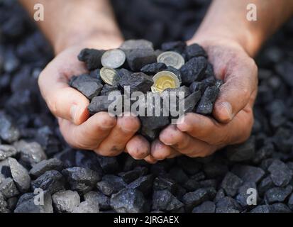 Gros plan de mains tenant des morceaux de charbon noir mélangés à des pièces en euros, symbolisant la relation entre les ressources énergétiques et la valeur financière. Conceptu Banque D'Images