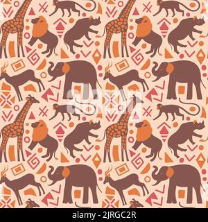 Motif africain abstrait sans couture avec animaux sauvages minimalistes. Illustration de Vecteur