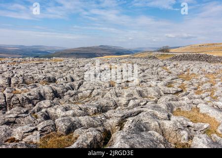 Vue sur la chaussée calcaire depuis le chemin Dales Way le beau jour, parc national de Yorkshire Dales, North Yorkshire, Angleterre, Royaume-Uni Banque D'Images