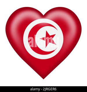 Illustration du bouton de coeur du drapeau tunisien 3D isolée sur blanc avec un chemin de coupure Banque D'Images