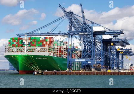 Felixstowe, Royaume-Uni 24 août 2022 l'alot toujours présent est amarré sur les quais de Felixstowe. C'est le plus grand navire à conteneurs du monde. Les dockers sont en grève pour les problèmes de paie, de sorte que les conteneurs ne peuvent pas être déchargés tant que le problème n'est pas résolu. Hudong-Zhonghua Shipbuilding Group Co. (Hudong-Zhonghua), une filiale de China State Shipbuilding Corporation (CSSC), a construit et livré le plus grand fournisseur de conteneurs au monde à Evergreen Marine, compagnie maritime taïwanaise. Le navire toujours en bon état a une capacité de charge de 24 004 TEU et mesure 400 mètres de long sur 61,5 mètres de large, avec un tirant d'eau de 17 mètres. Le géant Banque D'Images